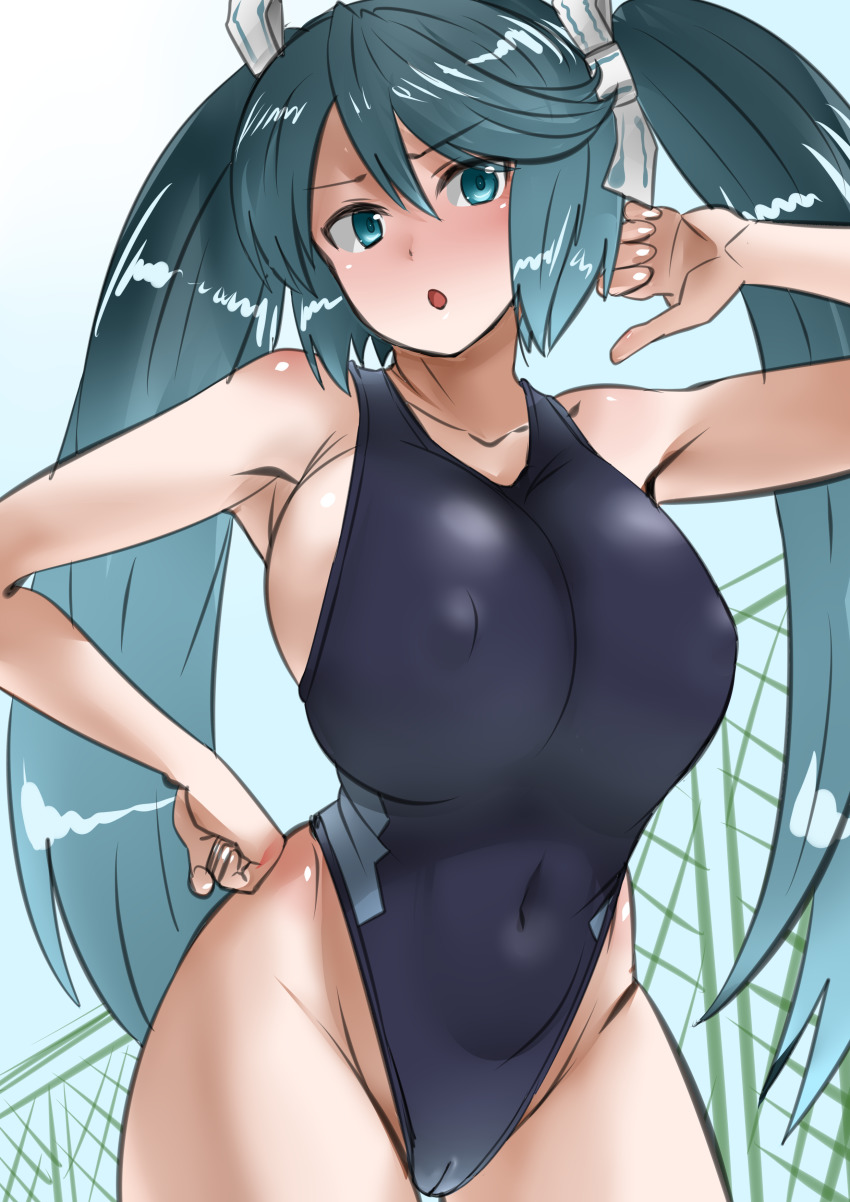 1girl, 30-06, absurdres, alternate_costume, bad_id, bad_pixiv_id, bare_shoulders, blue_eyes, blush, breasts, competition_swimsuit, covered_erect_nipples, female_focus, green_hair, highres, huge_breasts, isuzu_(kancolle), kantai_collection, long_hair, looking_back, one-piece_swimsuit, solo, swimsuit, twintails