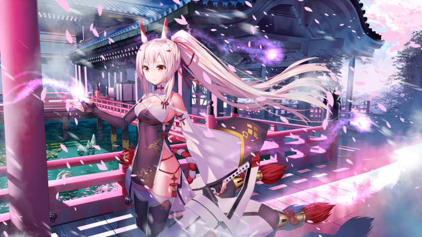 1girl, akusema, ayanami_(azur_lane), ayanami_(lunar_demon)_(azur_lane), azur_lane, bad_id, bad_pixiv_id, breasts, bridal_gauntlets, bridge, brown_eyes, cherry_blossoms, china_dress, chinese_clothes, cleavage, closed_mouth, commentary_request, covered_navel, day, detached_sleeves, dress, female_focus, hair_between_eyes, headgear, holding, holding_sword, holding_weapon, long_sleeves, looking_to_the_side, medium_breasts, outdoors, pelvic_curtain, pond, ponytail, single_detached_sleeve, smile, solo, standing, sword, thighhighs, tree, water, weapon, white_hair, wide_sleeves