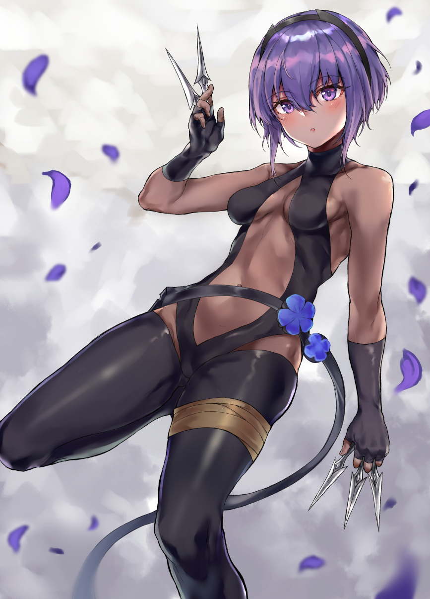 1girl, bare_shoulders, belt, between_fingers, black_gloves, black_hairband, black_leggings, black_leotard