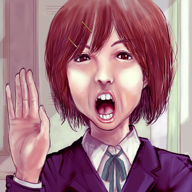 1girl, female_focus, flat-san, hirasawa_yui, hisamoto_masami, k-on!, meme, open_mouth, parody, realistic, school_uniform, soka_gakkai_international, solo, teeth, uncanny_valley