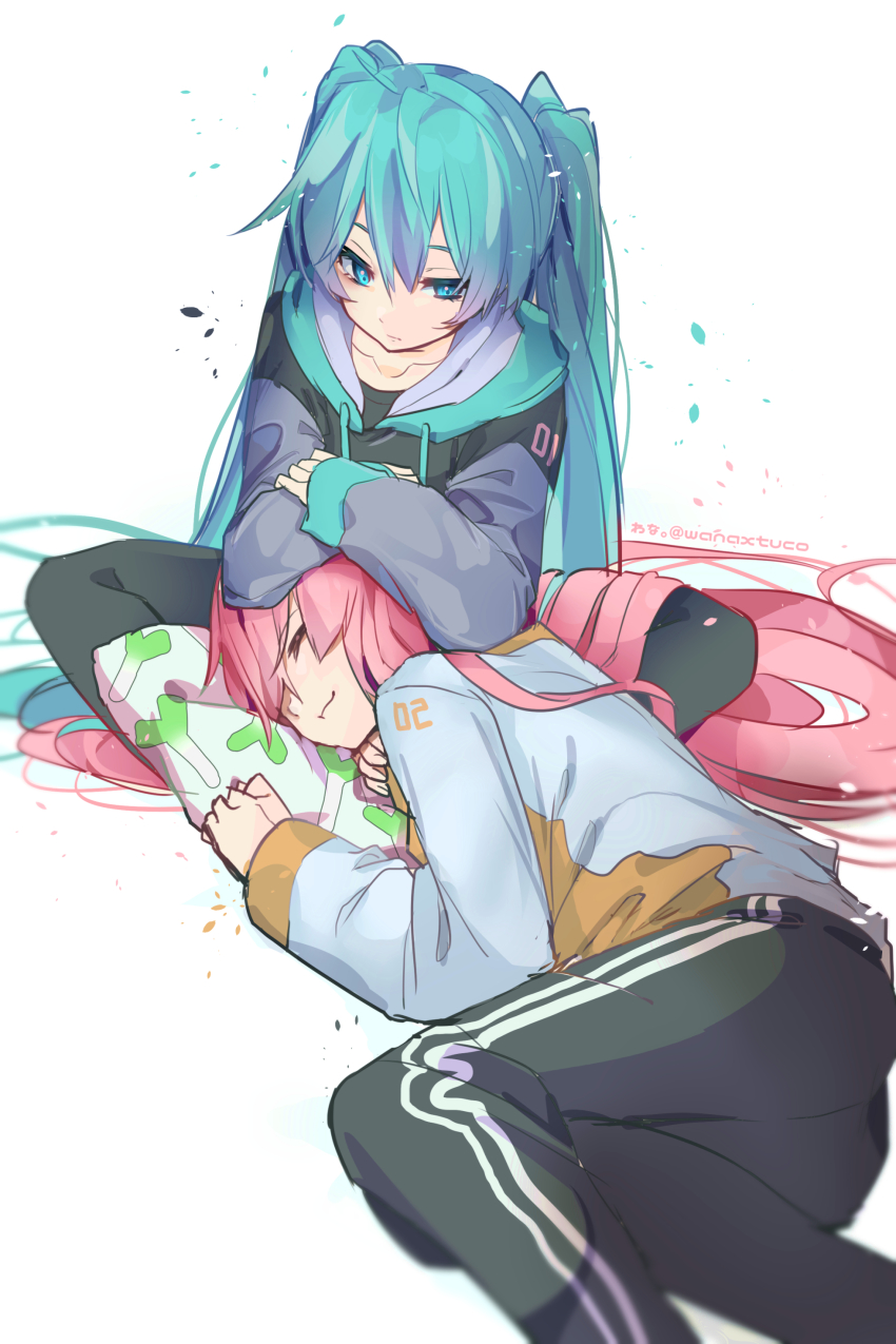 2girls, absurdres, aqua_eyes, aqua_hair, artist_name, bad_id, bad_twitter_id, black_jacket