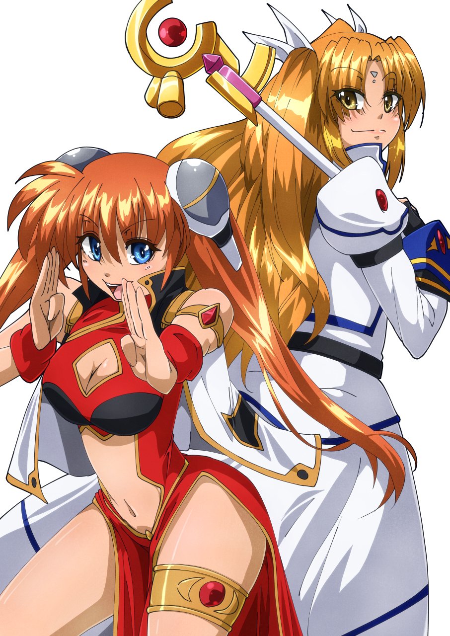 2girls, blonde_hair, blue_eyes, breasts, brown_eyes, brown_hair, china_dress, chinese_clothes, cleavage, cleavage_cutout, clothing_cutout, coat, commentary_request, cosplay, costume_switch, cowboy_shot, crossover, dress, facial_mark, forehead_mark, galaxy_angel, hair_ornament, highres, long_hair, looking_at_viewer, lyrical_nanoha, mahou_shoujo_lyrical_nanoha_strikers, medium_breasts, multiple_girls, navel, navel_cutout, open_mouth, raising_heart, raising_heart_(accel_mode), ranpha_franboise, ranpha_franboise_(cosplay), simple_background, staff, standing, takamachi_nanoha, takamachi_nanoha_(cosplay), takamachi_nanoha_(exceed_mode), tamura_yukari, tappa_(esperanza), teeth, thigh_strap, twintails, two_side_up, upper_teeth_only, voice_actor_connection, white_background, white_coat