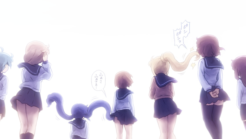 6+girls, ahoge, arms_behind_back, black_sailor_collar, black_skirt, black_socks, blonde_hair, brown_hair