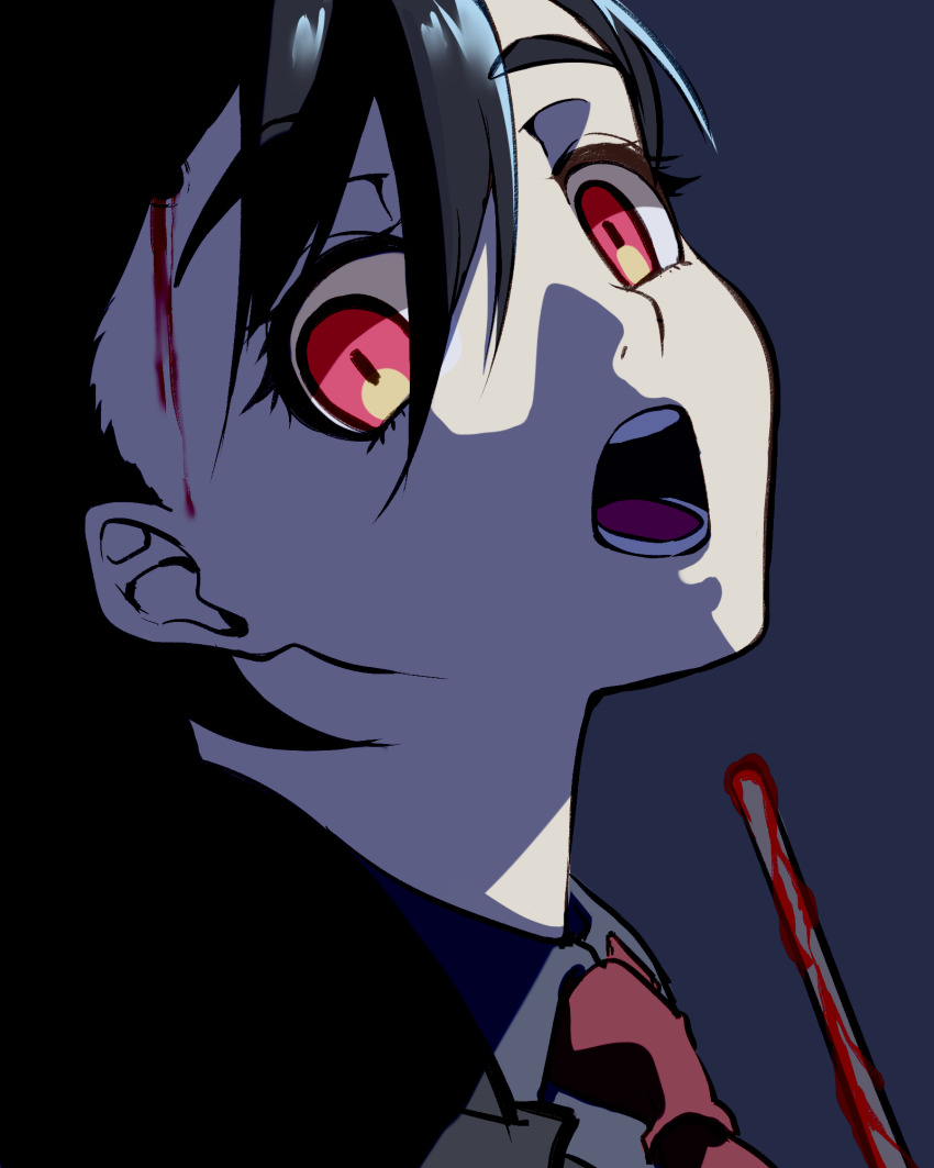 1girl, black_hair, blood, bloody_weapon, female_focus, hair_between_eyes, highres, hole_in_head