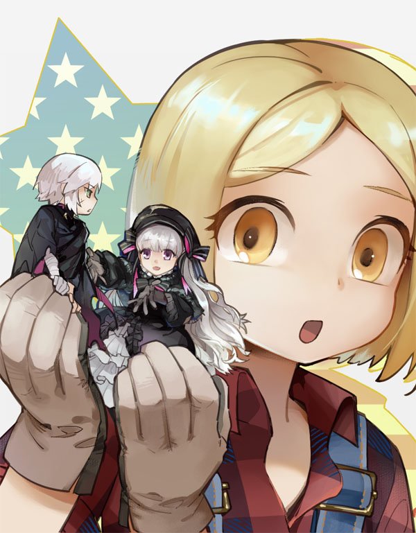 3girls, bandaged_arm, bandages, blonde_hair, cape, cupping_hands, dress, fate/apocrypha, fate/grand_order, fate_(series), frilled_dress, frills, giant, giantess, gloves, green_eyes, guttia, hat, holding_person, jack_the_ripper_(fate/apocrypha), jack_the_ripper_(first_ascension)_(fate), long_hair, multiple_girls, nursery_rhyme_(fate), overalls, own_hands_together, paul_bunyan_(fate), paul_bunyan_(second_ascension)_(fate), white_hair, yellow_eyes