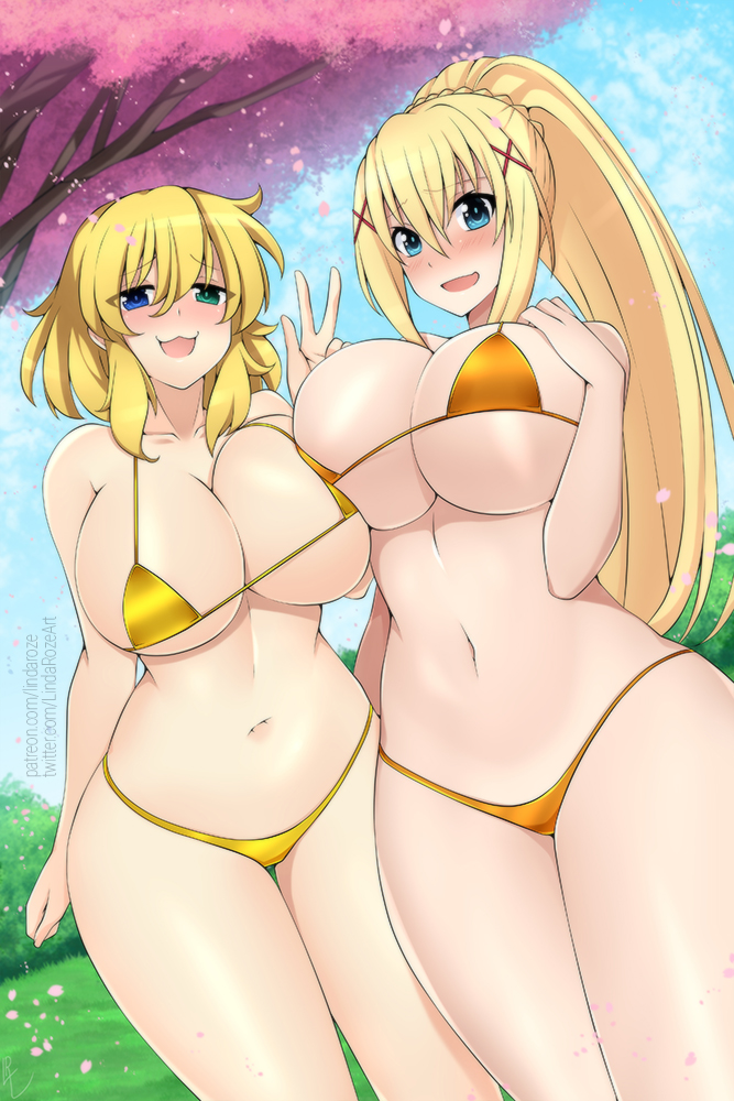 2girls, :3, bikini, blonde_hair, blue_eyes, blue_sky, blush, braid