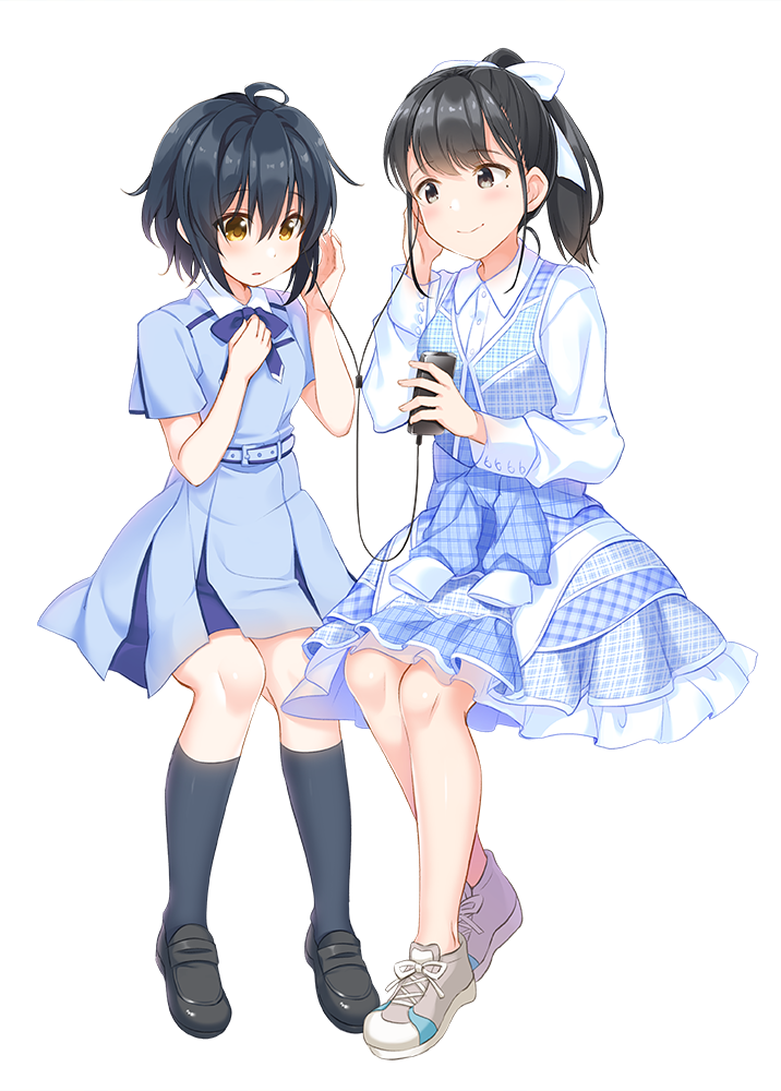 22/7, 2girls, belt, black_hair, black_shoes, black_socks, blue_belt, blue_dress