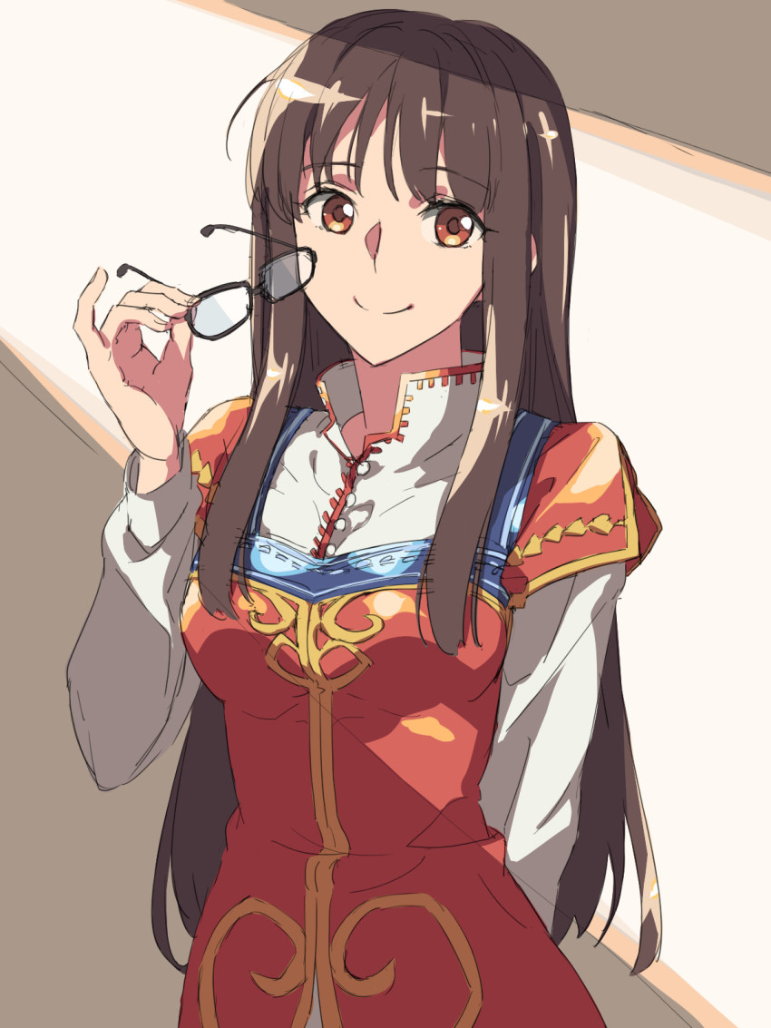 1girl, arm_at_side, breasts, brown_eyes, brown_hair, chiharu_(9654784), dress, female_focus