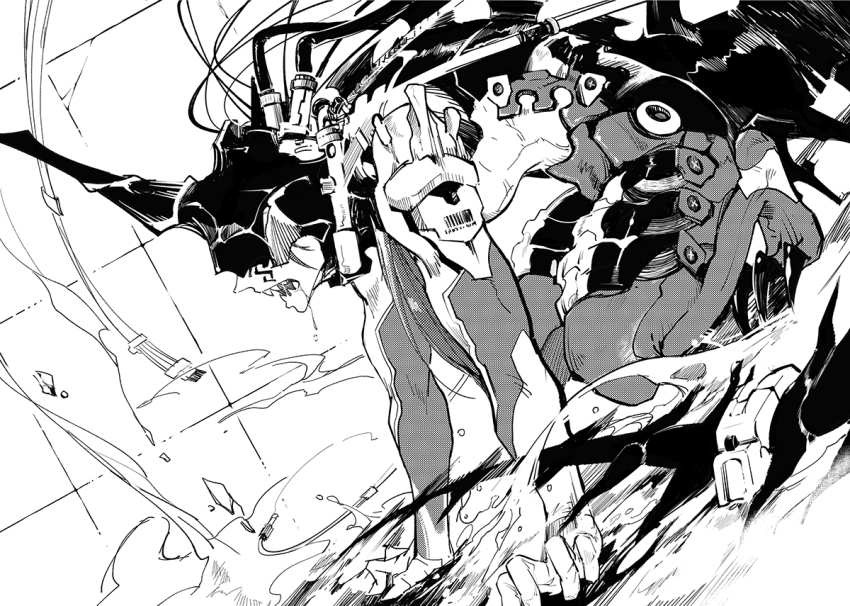 1boy, armor, barcode, cable, covered_eyes, cu_chulainn_(fate), cu_chulainn_alter_(curruid_coinchenn)_(fate), cu_chulainn_alter_(fate)