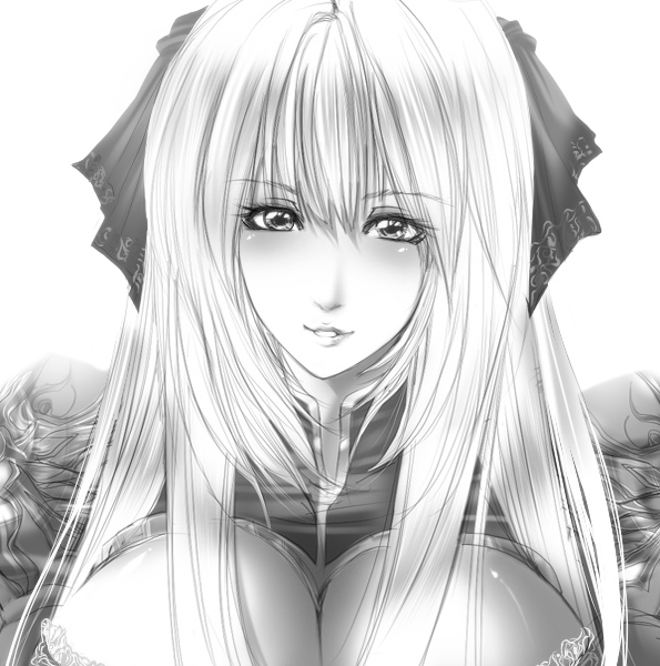1girl, arch_bishop_(ragnarok_online), archbishop_(ro), bad_id, bad_pixiv_id, breasts, female_focus, greyscale, huge_breasts, juri_(shiningred), jyuri_(artist), lipstick, long_hair, makeup, monochrome, ragnarok_online, ribbon, smile, solo, twintails, water