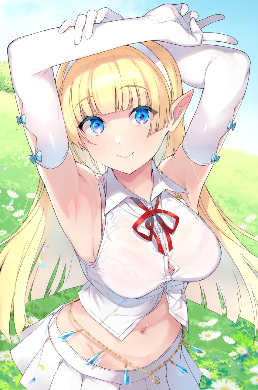 1girl, absurdres, armpits, arms_up, bare_shoulders, blonde_hair, blouse, blue_eyes, bra, bra_strap, bra_visible_through_clothes, breasts, button_gap, collared_shirt, commission, crop_top, dress_shirt, elbow_gloves, elf, elf_no_radral, female_focus, flower, gloves, groin, hairband, highres, inari_(inariya), large_breasts, long_hair, looking_at_viewer, midriff, miniskirt, navel, neck_ribbon, original, partially_unbuttoned, pink_bra, pleated_skirt, pointy_ears, ribbon, see-through_clothes, shirt, skeb_commission, skirt, sleeveless, sleeveless_shirt, smile, solo, stomach, underwear, upper_body, v, white_flower, white_gloves, white_shirt, white_skirt