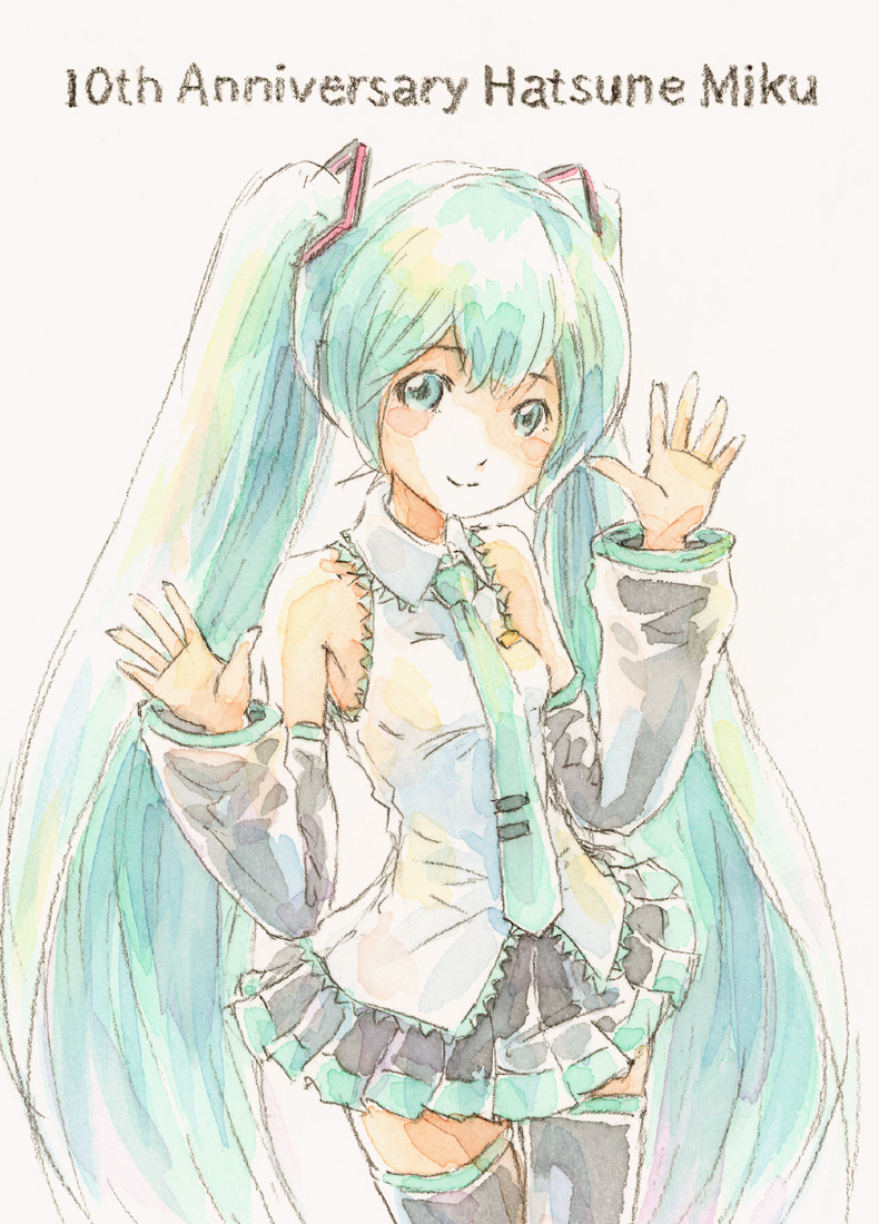 anniversary, aqua_eyes, aqua_hair, aqua_necktie, bare_shoulders, black_skirt, black_sleeves, black_thighhighs