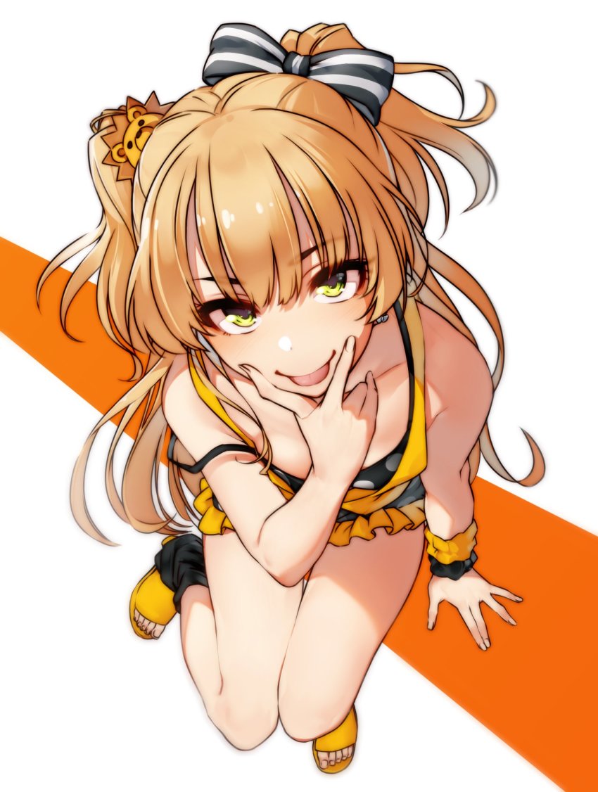 1girl, :p, bare_legs, bare_shoulders, black_legwear, blonde_hair, bow, collarbone, earrings, female_focus, frilled_skirt, frills, full_body, green_eyes, hair_bow, hair_ornament, highres, idolmaster, idolmaster_cinderella_girls, jewelry, jougasaki_rika, kakaobataa, layered_clothes, lion_hair_ornament, long_hair, looking_at_viewer, loose_socks, miniskirt, polka_dot, sandals, scrunchie, simple_background, skirt, smile, socks, solo, strap_slip, striped_bow, stud_earrings, tank_top, toeless_footwear, tongue, tongue_out, two-tone_background, two_side_up, v, wrist_scrunchie