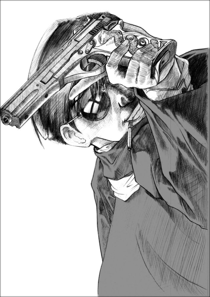 00s, 1boy, black_lagoon, chang_bai_ji-shin, cigarette, excel_(gewalt), greyscale, gun, handgun, male_focus, monochrome, mr._chang, pistol, simple_background, smoking, solo, sunglasses, upper_body, weapon, white_background