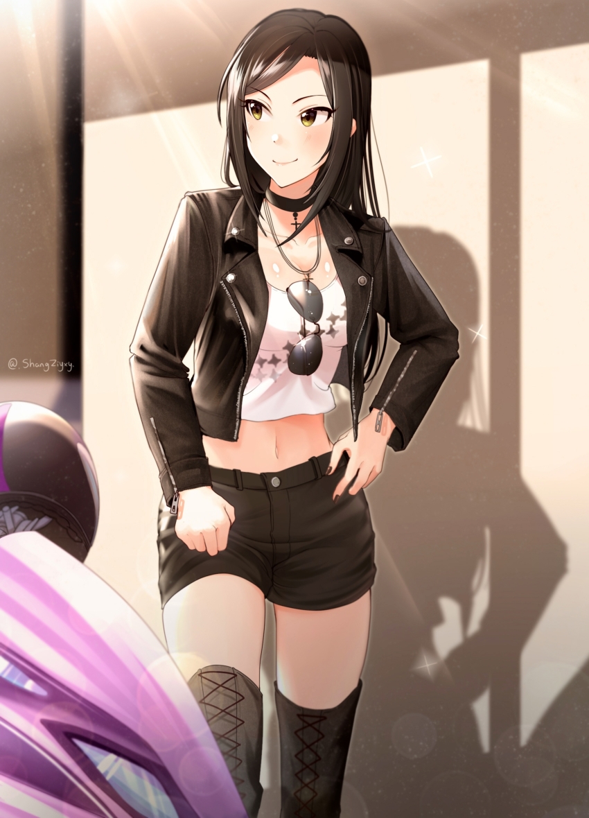 1girl, black_boots, black_hair, black_jacket, black_shorts, black_thighhighs, blush, boots