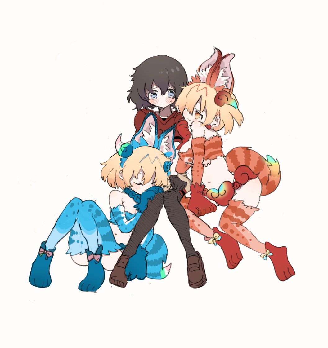 010mzam, 3girls, :3, animal_ear_fluff, animal_ears, animal_hands, animal_print, black_gloves