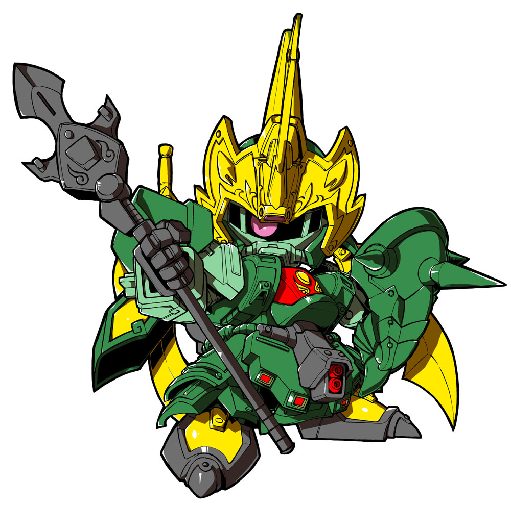 10s, chibi, choukou_zaku_iii, gundam, kin, no_humans, non-humanoid_robot, polearm, robot, sd_gundam, sd_gundam_sangokuden, simple_background, solo, spear, weapon