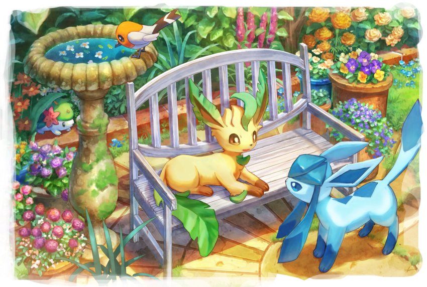 bench, bird_bath, fletchling, flower, flower_request, gen_4_pokemon, gen_6_pokemon, glaceon