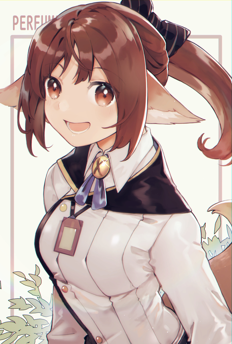 1girl, :d, animal_ears, arknights, blush, brown_eyes, brown_hair, commentary_request