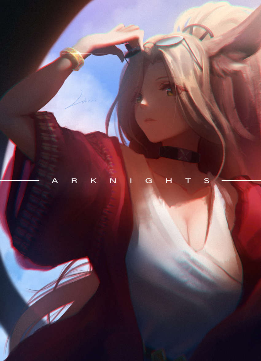 1girl, animal_ear_fluff, animal_ears, arknights, blonde_hair, bracelet, breasts, choker