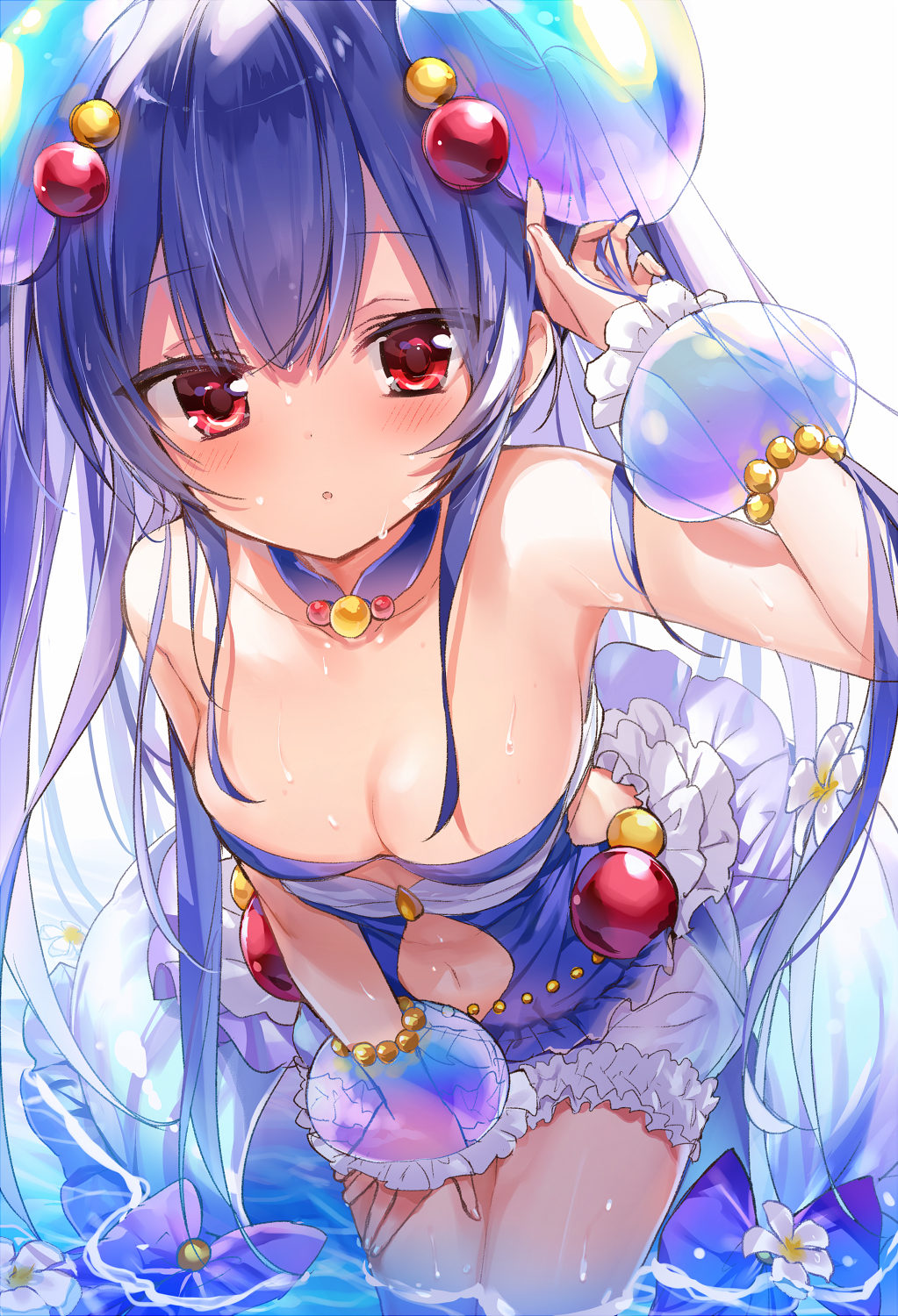 1girl, :o, blue_hair, blush, bow, breasts, cleavage, commentary_request