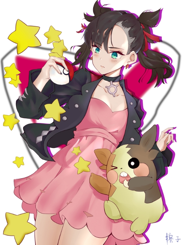 1girl, aqua_eyes, asymmetrical_bangs, asymmetrical_hair, black_hair, black_jacket, black_nails, blush, breasts, ca_zi, choker, commentary_request, dress, earrings, gen_8_pokemon, hair_ribbon, holding, holding_poke_ball, jacket, jewelry, long_hair, long_sleeves, marnie_(pokemon), morpeko, morpeko_(full), nail_polish, nintendo, open_clothes, pink_dress, poke_ball, poke_ball_(basic), pokemon, pokemon_(creature), pokemon_sword_and_shield, red_ribbon, ribbon, small_breasts, twintails