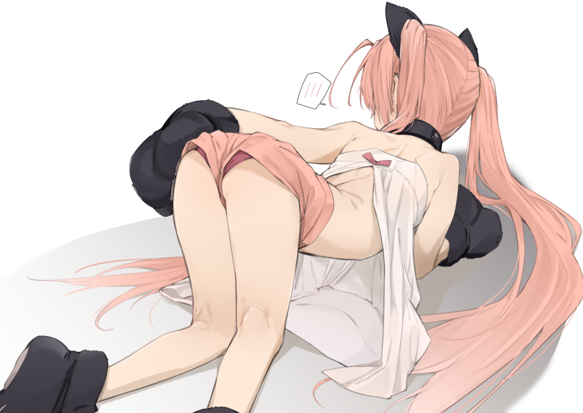 1girl, all_fours, animal_ears, animal_hands, ass, bare_shoulders, black_shoes, cat_ears, collar, female_focus, hidan_no_aria, highres, kanzaki_h._aria, kneepits, legs, long_hair, midriff, panties, paw_shoes, pink_hair, red_panties, shoes, short_shorts, shorts, simple_background, solo, spoken_blush, twintails, underwear, uno_ryoku, very_long_hair, white_background