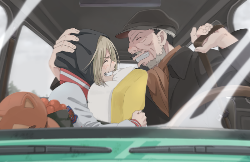 2boys, ^_^, beard, black_hair, blonde_hair, blush, cacao_(umri), car_interior