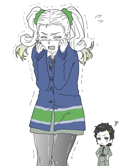 2girls, atlus, ayase_yuka, black_hair, black_legwear, cardigan, forehead, gyaru