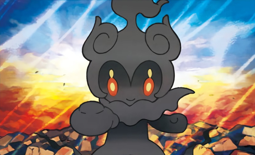 andou_emi, blue_sky, brown_eyes, closed_mouth, commentary, creature, day, english_commentary, gen_7_pokemon, legendary_pokemon, looking_at_viewer, marshadow, mythical_pokemon, nintendo, no_humans, official_art, outdoors, pokemon, pokemon_(creature), pokemon_tcg, rock, sky, smile, solo, standing, third-party_source, upper_body