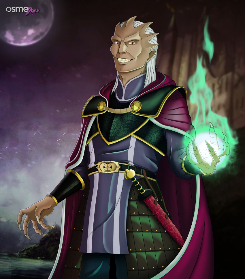 1boy, absurdres, armor, black_hair, cape, energy_ball, fantasy, highres