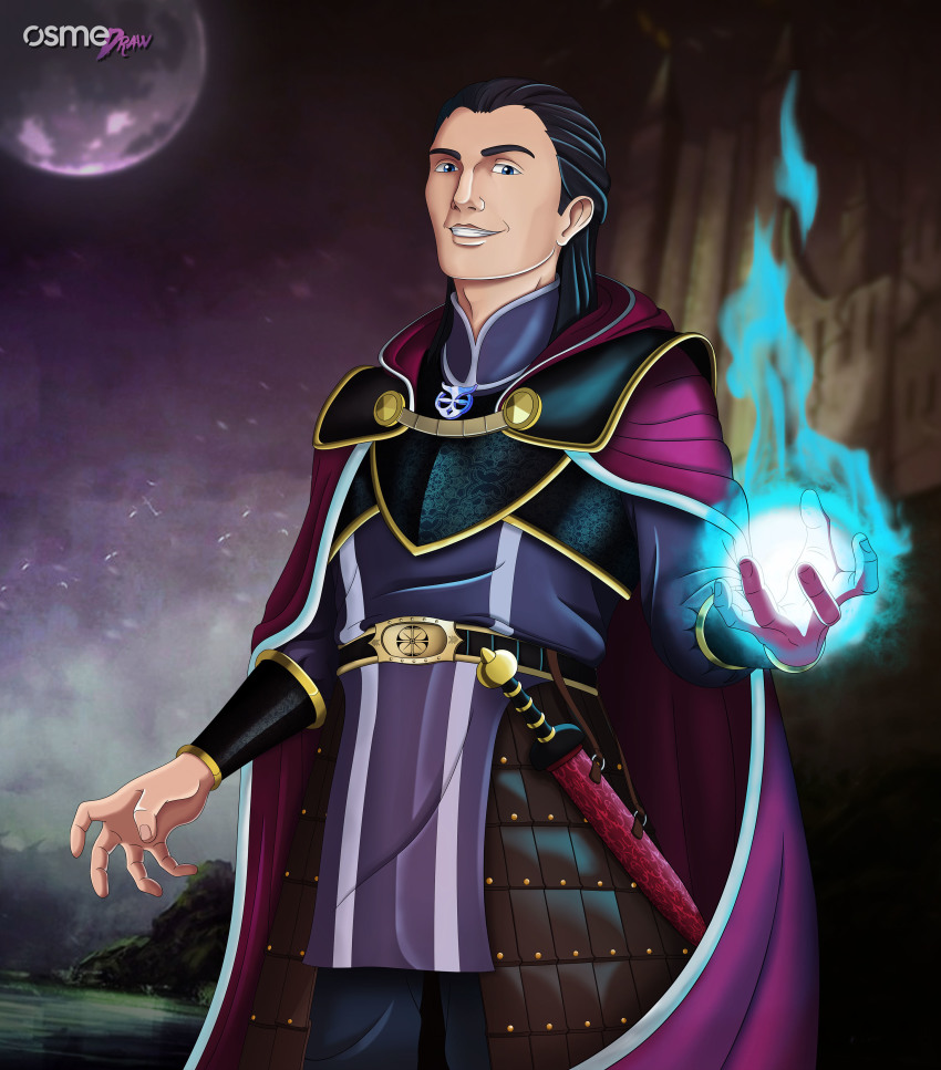 1boy, absurdres, armor, black_hair, cape, energy_ball, fantasy, hat