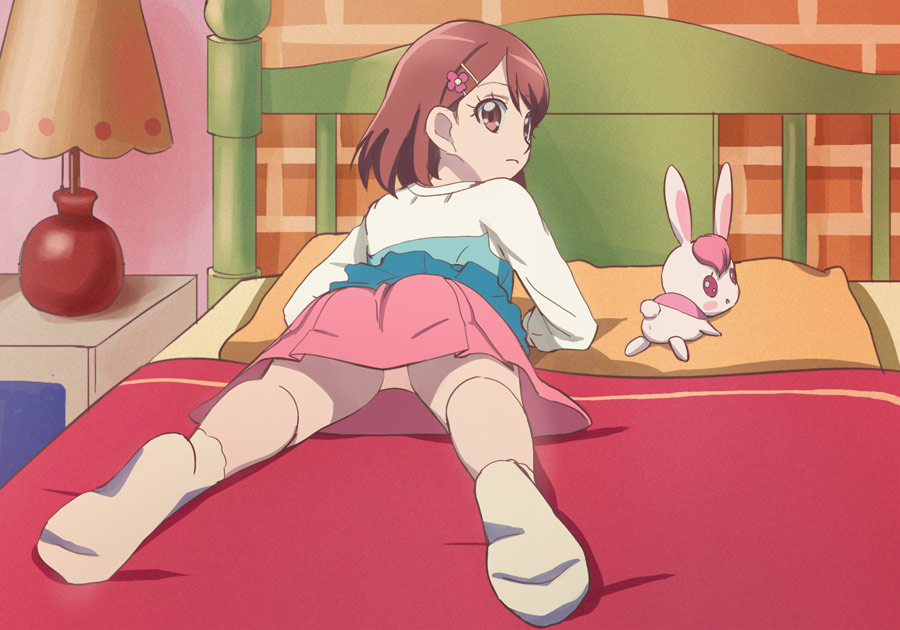 1girl, bed, closed_mouth, from_behind, hair_ornament, hairclip, hanadera_nodoka, haruyama_kazunori, healin'_good_precure, indoors, lamp, long_sleeves, looking_back, lying, on_bed, on_stomach, panties, pantyshot, pink_skirt, precure, rabirin_(precure), red_eyes, red_hair, shirt, short_hair, skirt, socks, underwear, white_shirt