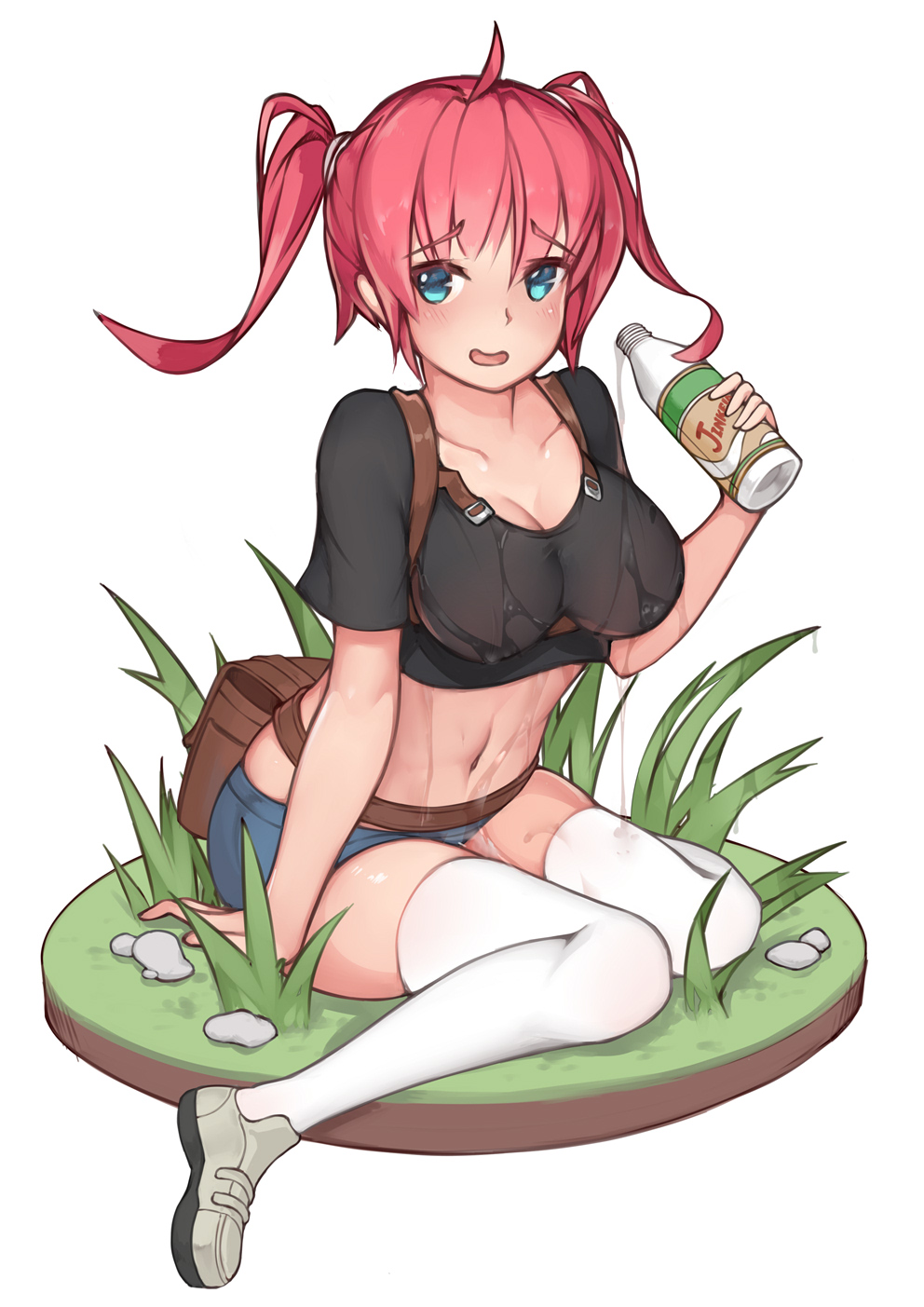 1girl, ahoge, alternate_costume, azur_lane, backpack, bag, black_shirt, blue_eyes, blue_shorts, blush, bottle, breasts, cleavage, collarbone, commentary_request, crop_top, female_focus, fertilizer, full_body, furrowed_brow, grass, highres, holding, holding_bottle, impossible_clothes, impossible_shirt, jinkela, large_breasts, liquid, looking_away, midriff, navel, open_mouth, pouring, pouring_onto_self, red_hair, rock, san_diego_(azur_lane), shirt, shoes, short_sleeves, shorts, sidelocks, simple_background, sitting, solo, stmast, t-shirt, thighhighs, twintails, wariza, wet, wet_clothes, wet_shirt, white_background, white_shoes, white_thighhighs