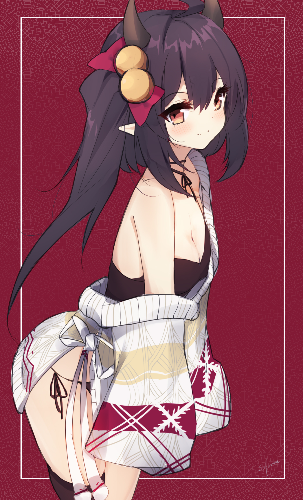 1girl, ahoge, azur_lane, bare_shoulders, black_hair, black_panties, black_shirt, black_thighhighs