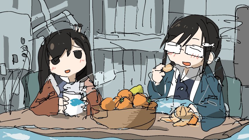 2girls, glasses, highres, multiple_girls, mushroom, object_on_head, shimeji_simulation, siblings