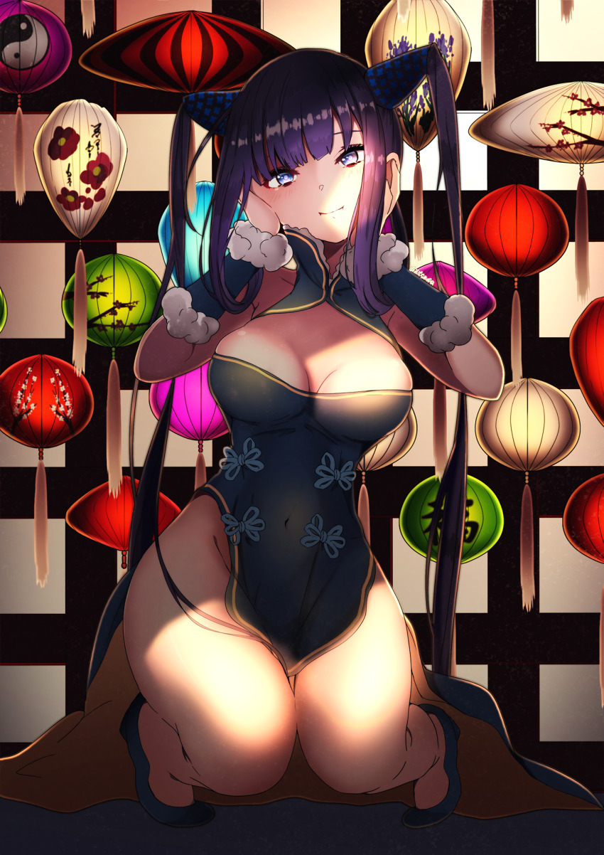 1girl, akabuchi_megane, bare_shoulders, black_dress, black_footwear, blue_eyes, breasts, china_dress