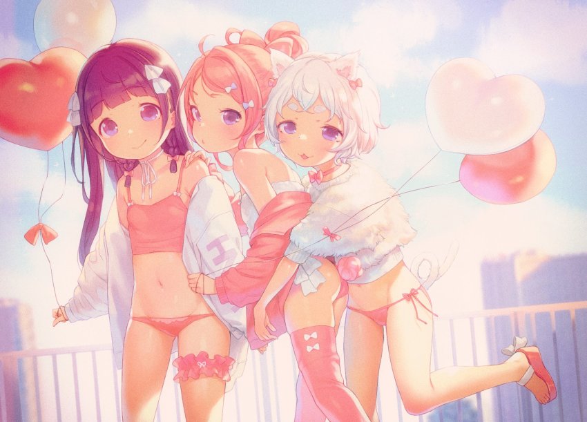 3girls, animal_ears, ass, balloon, bare_shoulders, camisole, cat_ears, cat_girl, cat_tail, closed_mouth, crop_top, day, film_grain, groin, hair_between_eyes, hair_ribbon, heart_balloon, henreader, highres, jacket, komori_sana, kyou_kara_ore_wa_loli_no_himo!, loli, long_hair, long_sleeves, multiple_girls, navel, nijou_touka, off_shoulder, open_clothes, open_jacket, open_mouth, original, outdoors, panties, pink_camisole, pink_hair, pink_jacket, pink_legwear, pink_panties, ponytail, purple_eyes, purple_hair, rabbit_tail, railing, red_footwear, ribbon, sandals, short_eyebrows, side-tie_panties, sleeves_past_wrists, smile, standing, standing_on_one_leg, sweater, tail, tanzawa_chizuru, thick_eyebrows, thighhighs, underwear, very_long_hair, white_hair, white_jacket, white_ribbon, white_sweater