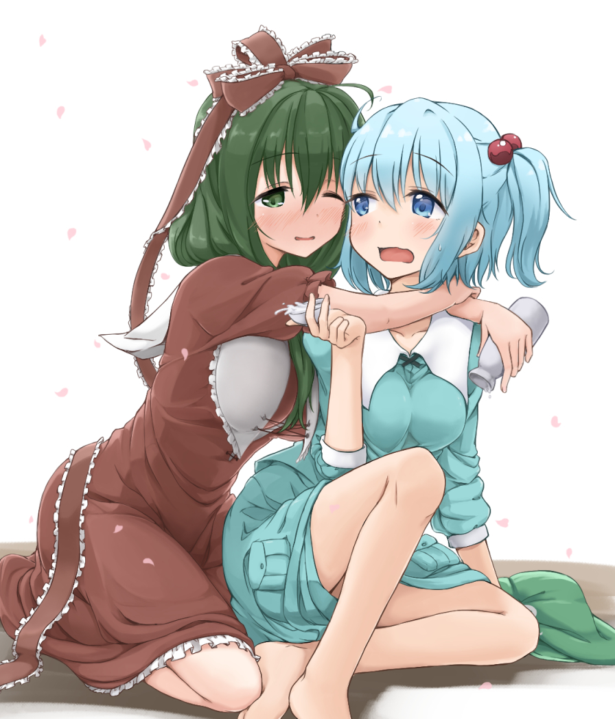 2girls, barefoot, blue_eyes, blue_hair, blue_shirt, blue_skirt, blush, bottle