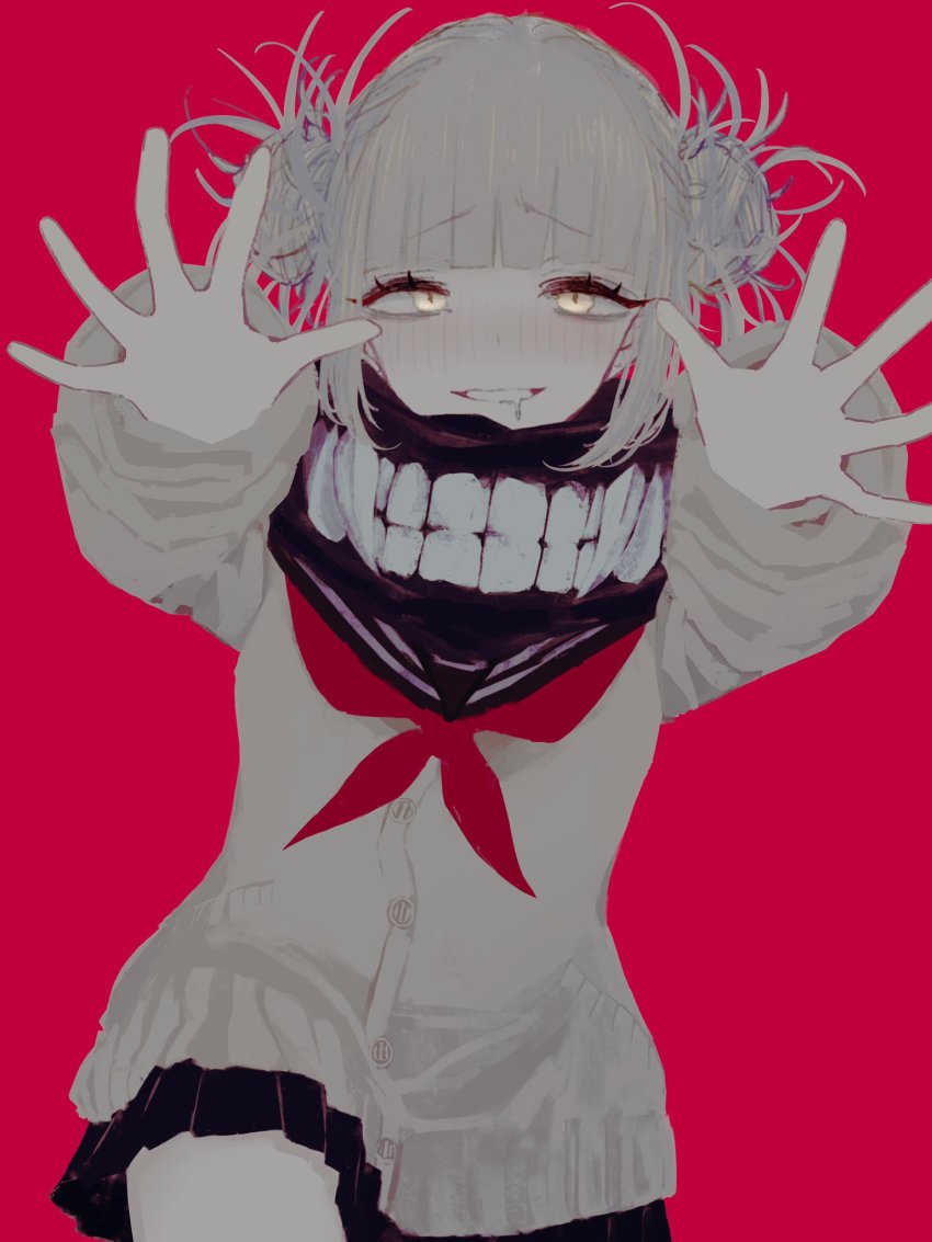 1girl, black_skirt, blonde_hair, blunt_bangs, blush, boku_no_hero_academia, cardigan, double_bun, eyelashes, female_focus, hair_bun, highres, long_sleeves, messy_hair, nose_blush, open_hands, outstretched_arms, palms, pink_background, pleated_skirt, red_neckwear, sailor_collar, saliva, samejima_nurie, school_uniform, serafuku, simple_background, skirt, solo, toga_himiko, yellow_eyes