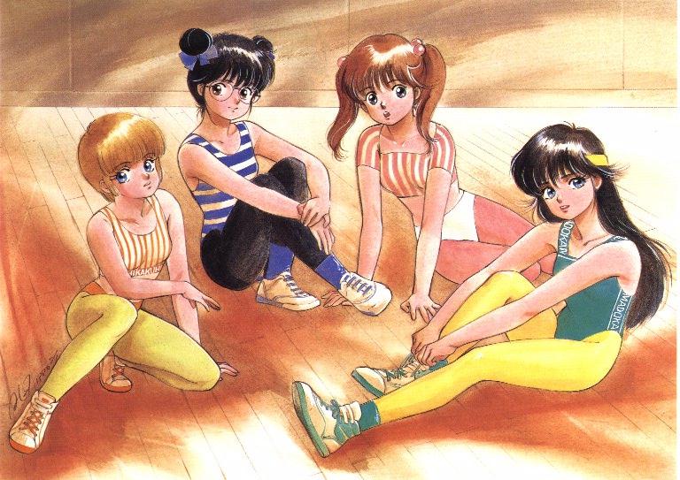 1980s_(style), 4girls, ayukawa_madoka, black_hair, blonde_hair, brown_hair, glasses, hiyama_hikaru