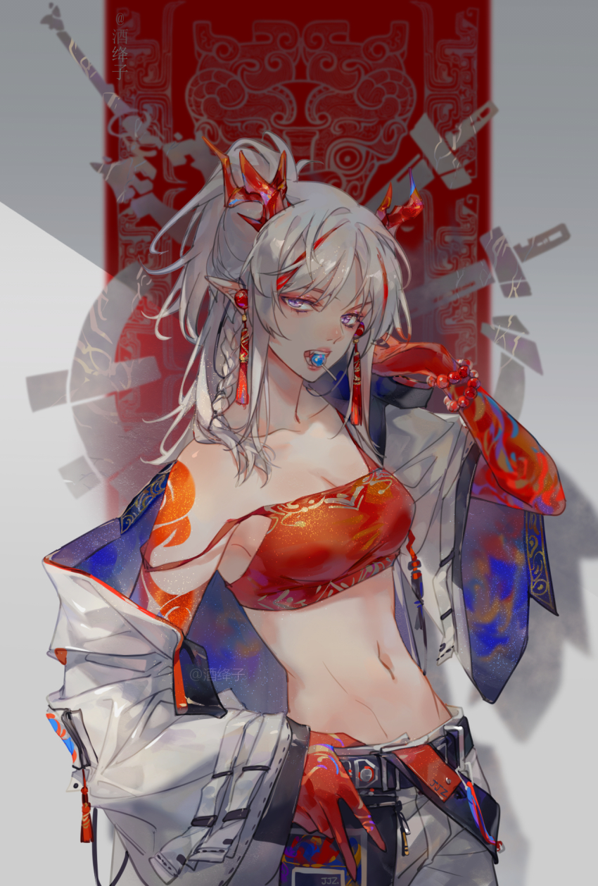 1girl, arknights, bandeau, bare_shoulders, bead_bracelet, beads, belt, black_belt