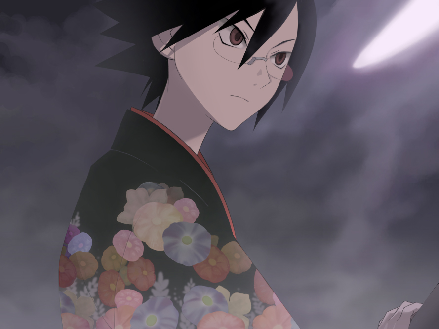 1boy, bad_id, bad_pixiv_id, black_hair, chimachi, cosplay, enma_ai, enma_ai_(cosplay), glasses, itoshiki_nozomu, japanese_clothes, jigoku_shoujo, male_focus, parody, red_eyes, sayonara_zetsubou_sensei, short_hair, solo