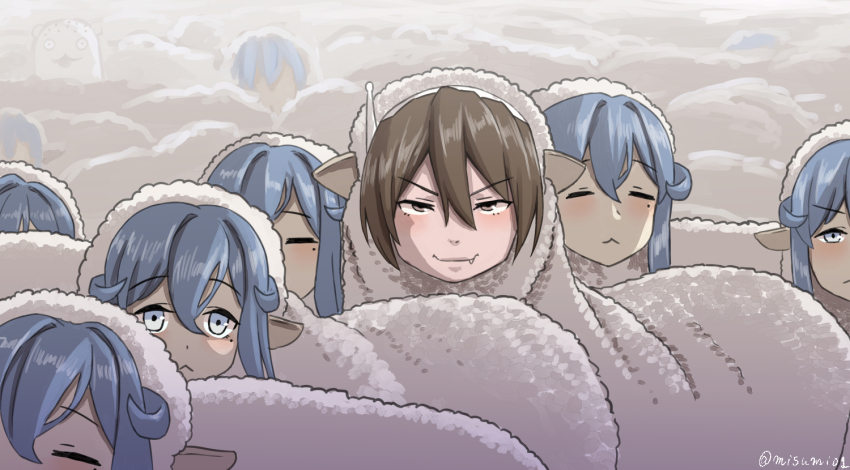 6+girls, :<, animal_ears, ashigara_(kancolle), blue_hair, bokukawauso, brown_hair, fang, gotland_(kancolle), kantai_collection, misumi_(niku-kyu), mole, mole_under_eye, multiple_girls, multiple_persona, o_o, sheep, sheep_ears, sheepskins, signature, smirk, twitter_username, when_you_see_it