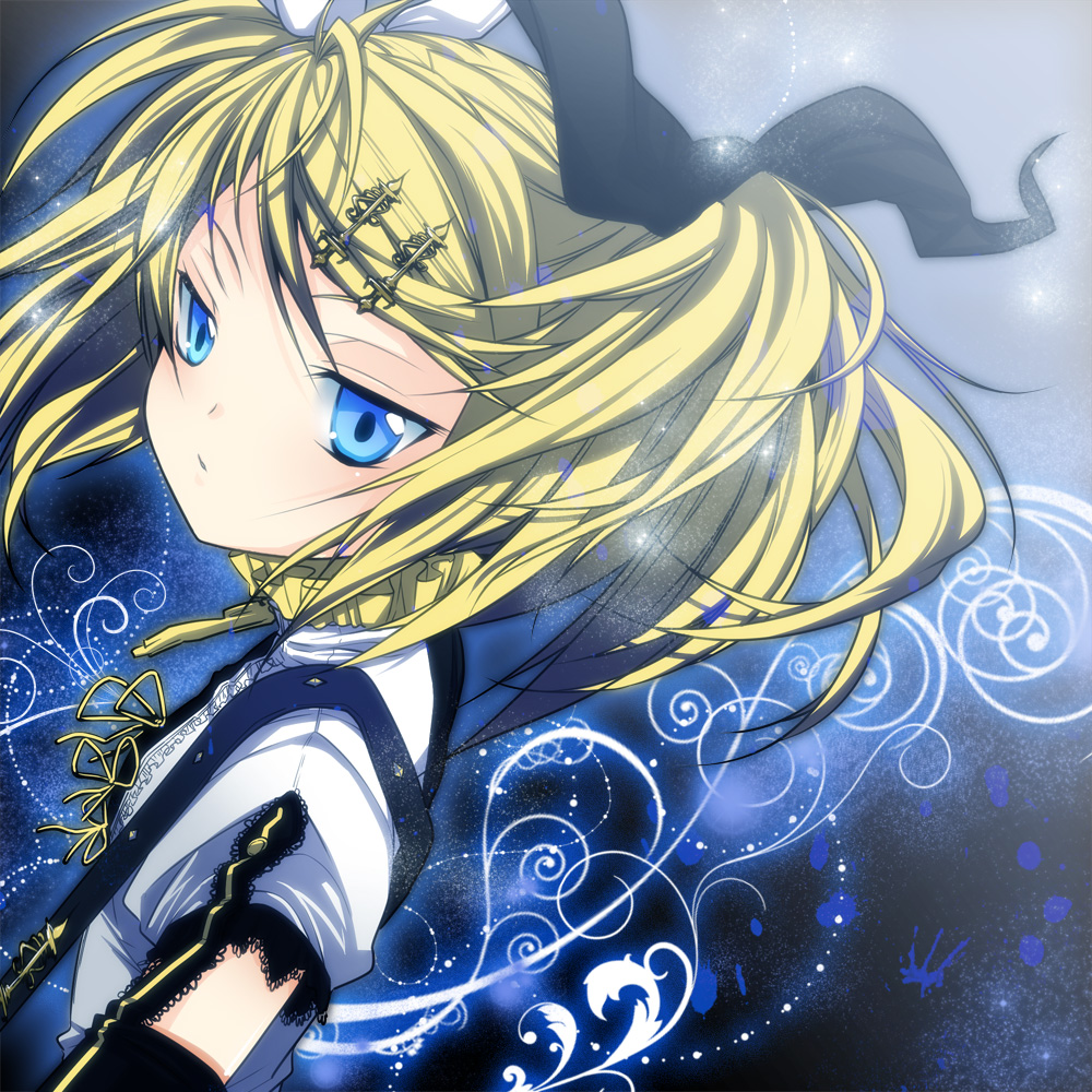 1girl, alternate_costume, alternate_hairstyle, black_bow, blonde_hair, blue_eyes, bow, detached_sleeves