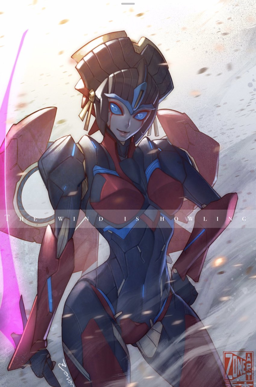 alien, breasts, energy_sword, facial_mark, flame_toys_windblade, geisha, glowing, glowing_eyes
