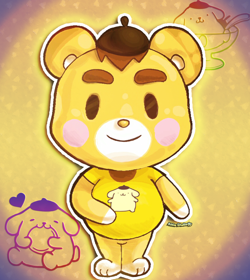 1boy, altiastudio, artist_name, bear, brown_hair, animal_crossing, hat, heart