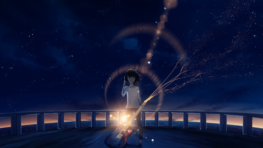 1girl, adjusting_hair, black_hair, closed_eyes, cloud, dark, electric_guitar, female_focus