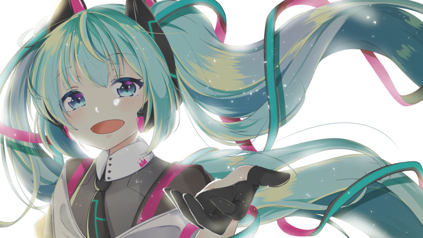 1girl, aqua_eyes, aqua_hair, black_gloves, black_necktie, bloom, blush, commentary