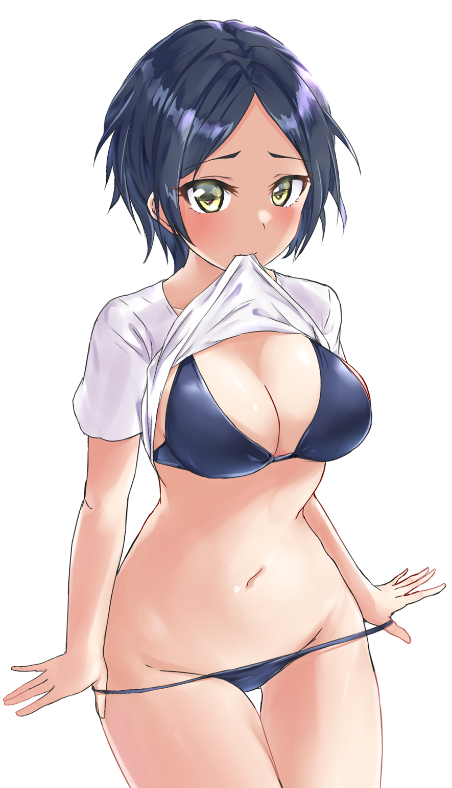 1girl, aimobake, bikini, bikini_pull, clothes_in_mouth, clothes_pull, cowboy_shot, female_focus